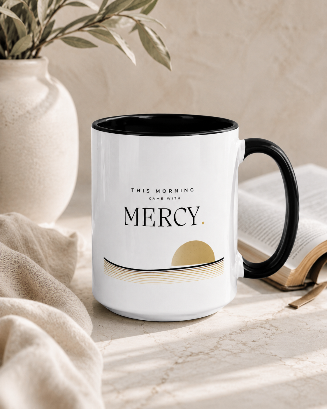 Christian morning devotional mug inspired by Lamentations 3:22–23 beside an open Bible