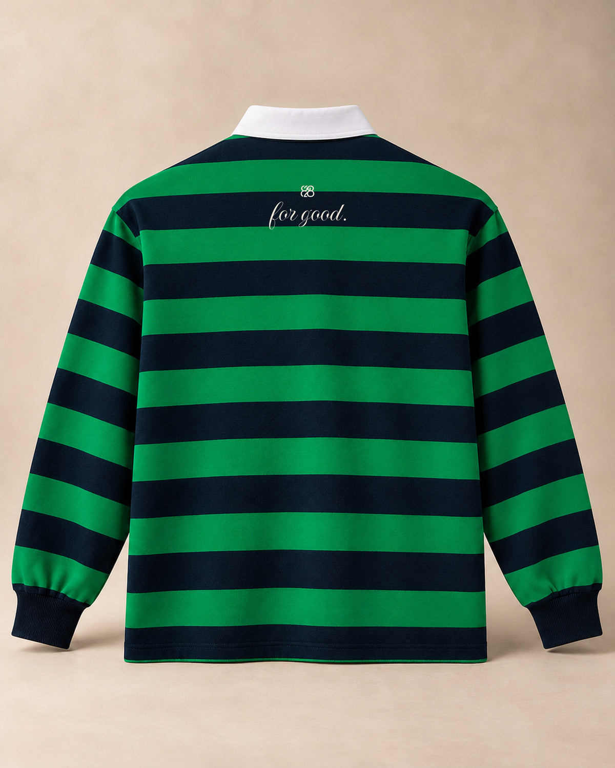 Green and navy rugby polo back, ivory interlocking 828 above for good.