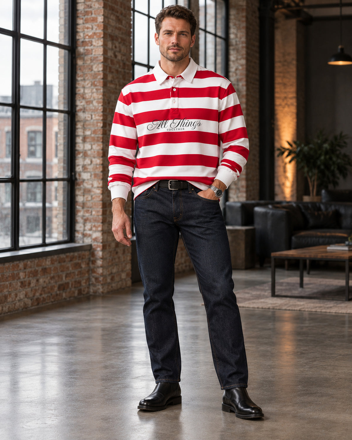 Red and white rugby polo styled with indigo denim and black Chelsea boots in an industrial loft
