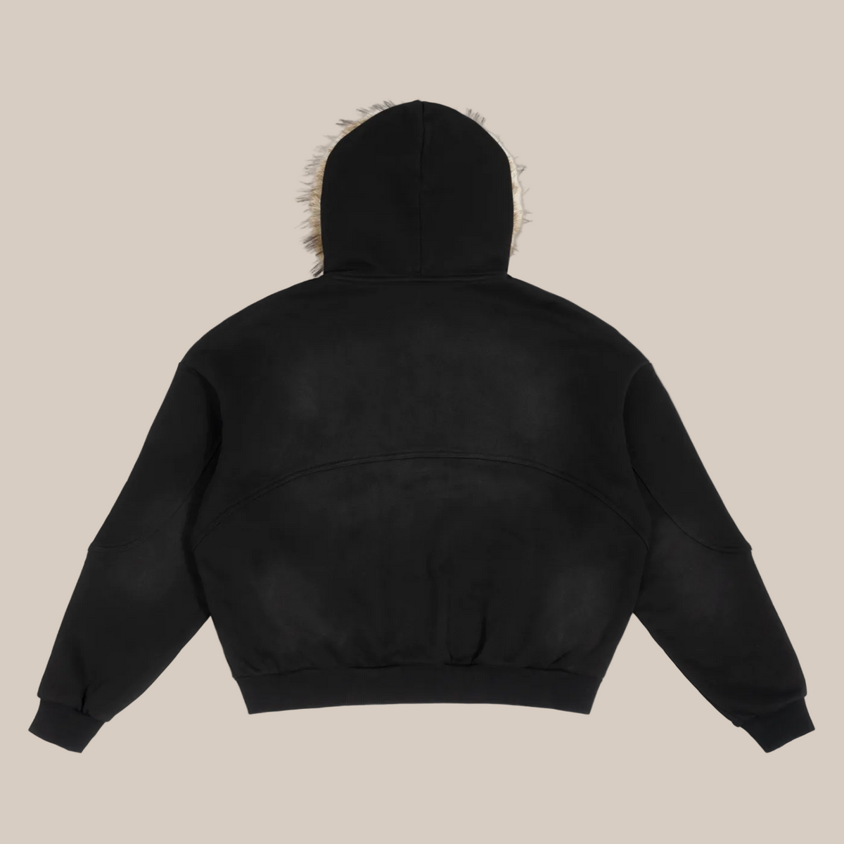 Back view of SET APART sun-faded black boxy hoodie, showing the completely blank back and hood