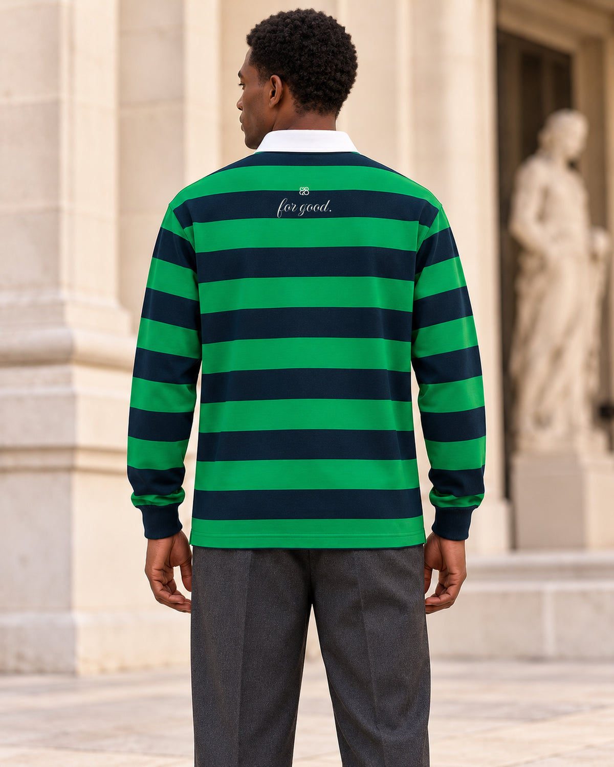 Green and navy rugby polo back on a male model, showing the discreet ivory 828 and for good. branding
