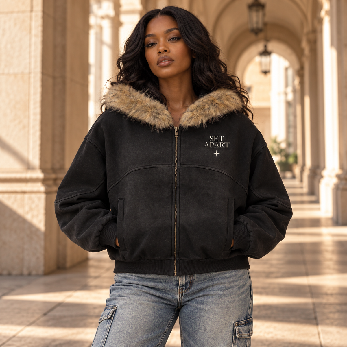 Lifestyle rendering of a woman wearing SET APART in sun-faded black, with faux-fur hood trim and bone-colored left chest insignia