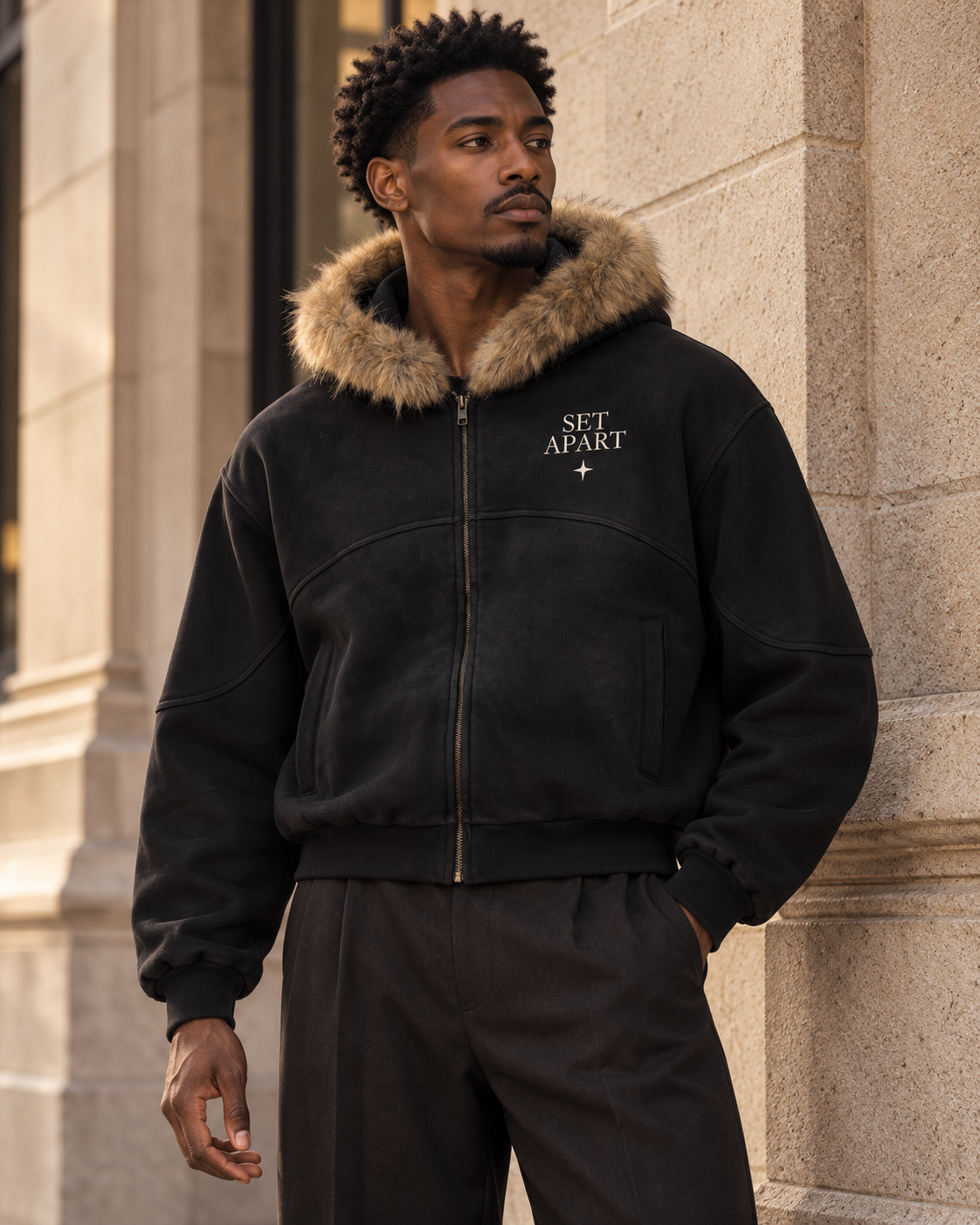 Editorial rendering of a Black male model wearing the SET APART sun-faded black boxy fur hoodie with bone left-chest print