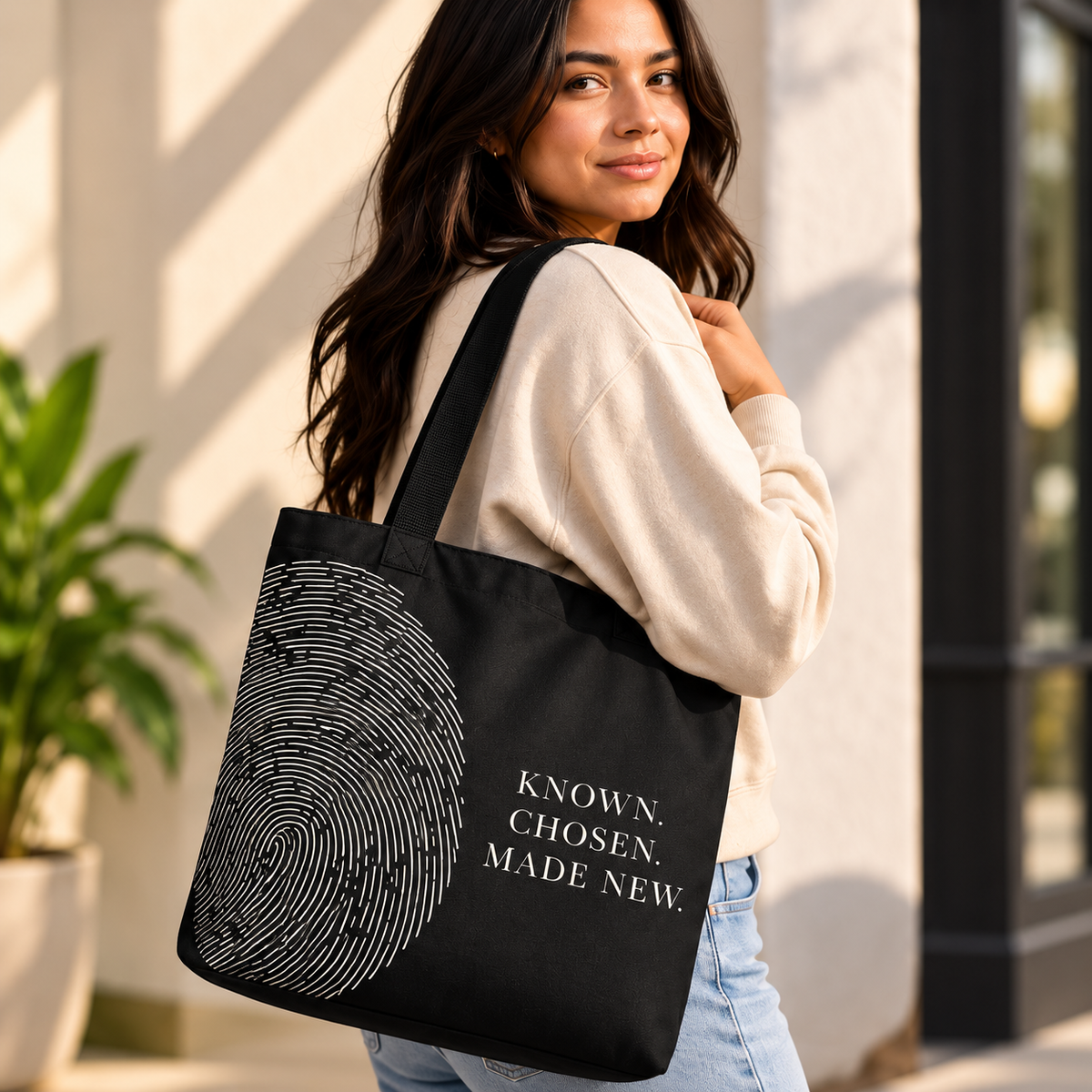 Woman carrying the black Believer Identity large tote with oversized fingerprint artwork and Known. Chosen. Made New. design
