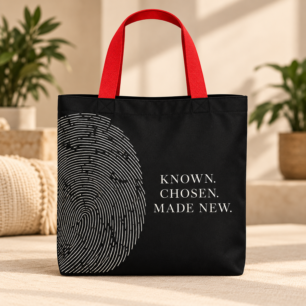 Black Believer Identity large tote with red handles, oversized fingerprint artwork and Known. Chosen. Made New. message