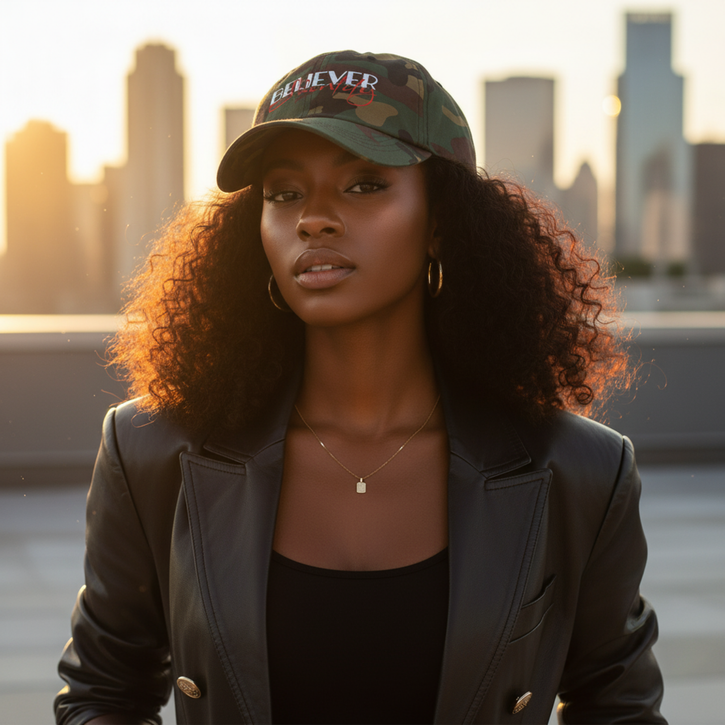 Woman wearing camo Believer Identity dad hat in warm natural lighting