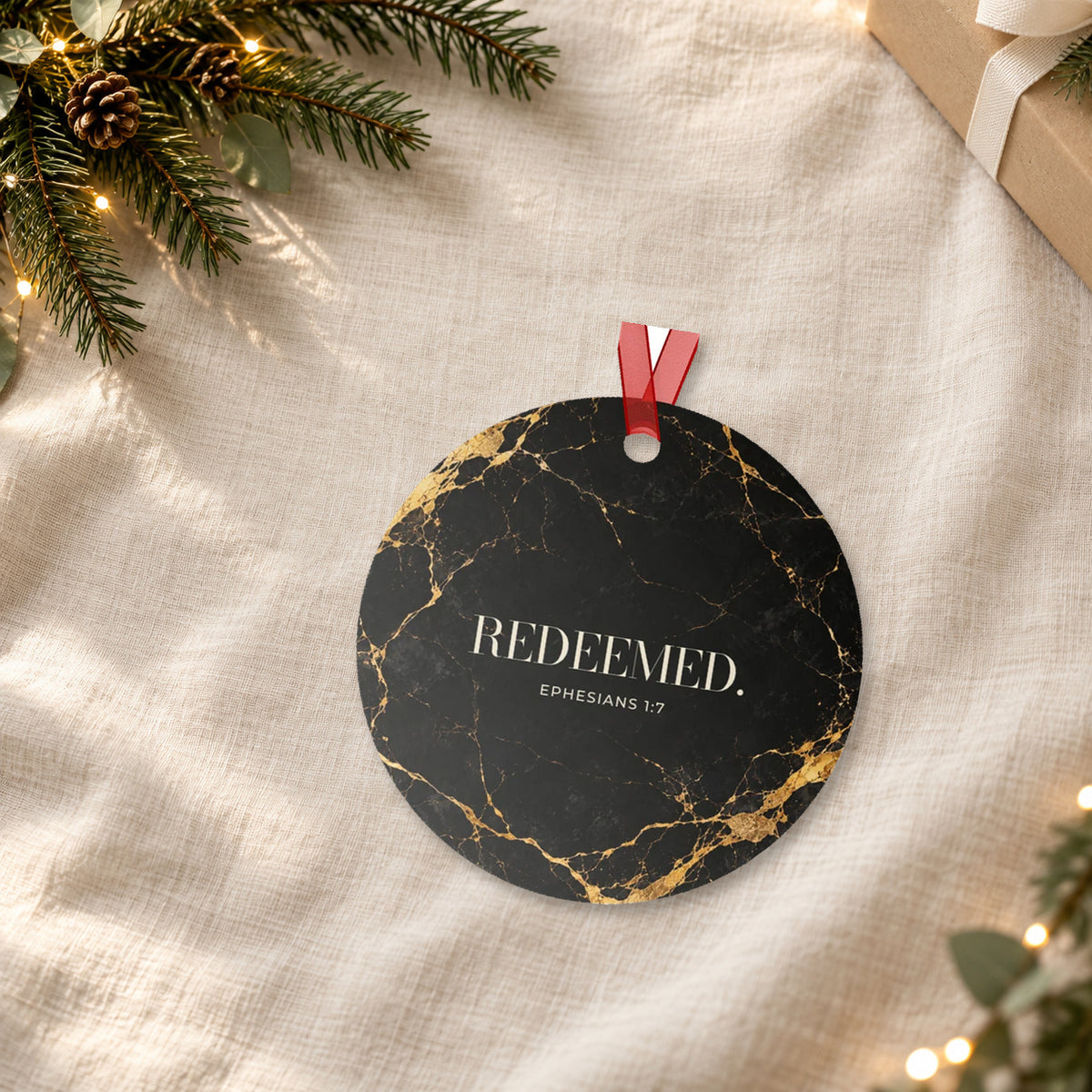 REDEEMED. — Ephesians 1:7 Metal Keepsake Ornament
