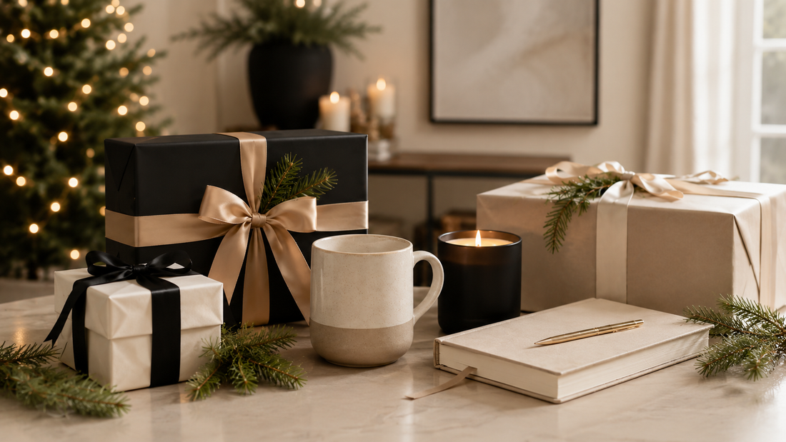 Christmas gifts wrapped in black and ivory beside a mug, candle, and journal