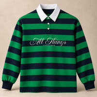 Green and navy ALL THINGS TOGETHER rugby polo, front studio view with ivory calligraphy