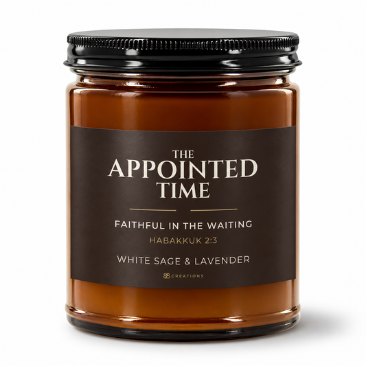 THE APPOINTED TIME Espresso candle in amber glass with a fine-ridged black lid, Habakkuk 2:3 and White Sage & Lavender