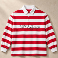 Red and white ALL THINGS TOGETHER rugby polo, front studio view with charcoal calligraphy