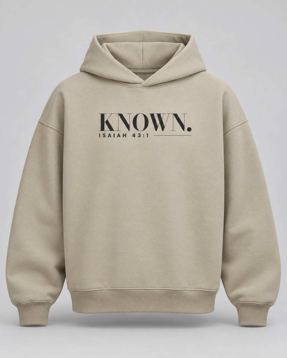 Stone KNOWN. structured heavyweight hoodie front with charcoal Isaiah 43:1 chest artwork, no pockets and no drawstrings.