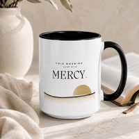 Christian morning devotional mug inspired by Lamentations 3:22–23 beside an open Bible