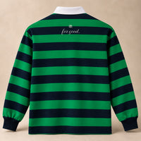 Green and navy rugby polo back, ivory interlocking 828 above for good.