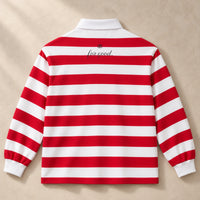 Red and white rugby polo back, charcoal interlocking 828 above for good.