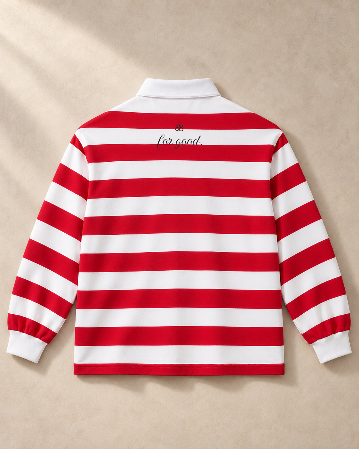 Red and white rugby polo back, charcoal interlocking 828 above for good.