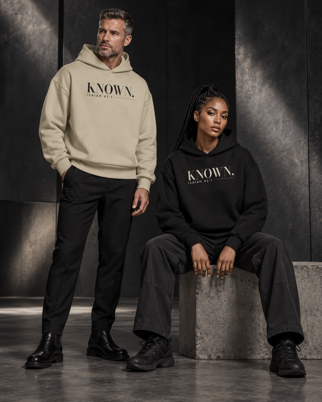 Couple styled in Stone and Black KNOWN. heavyweight hoodies with clean pocketless fronts and no drawstrings.