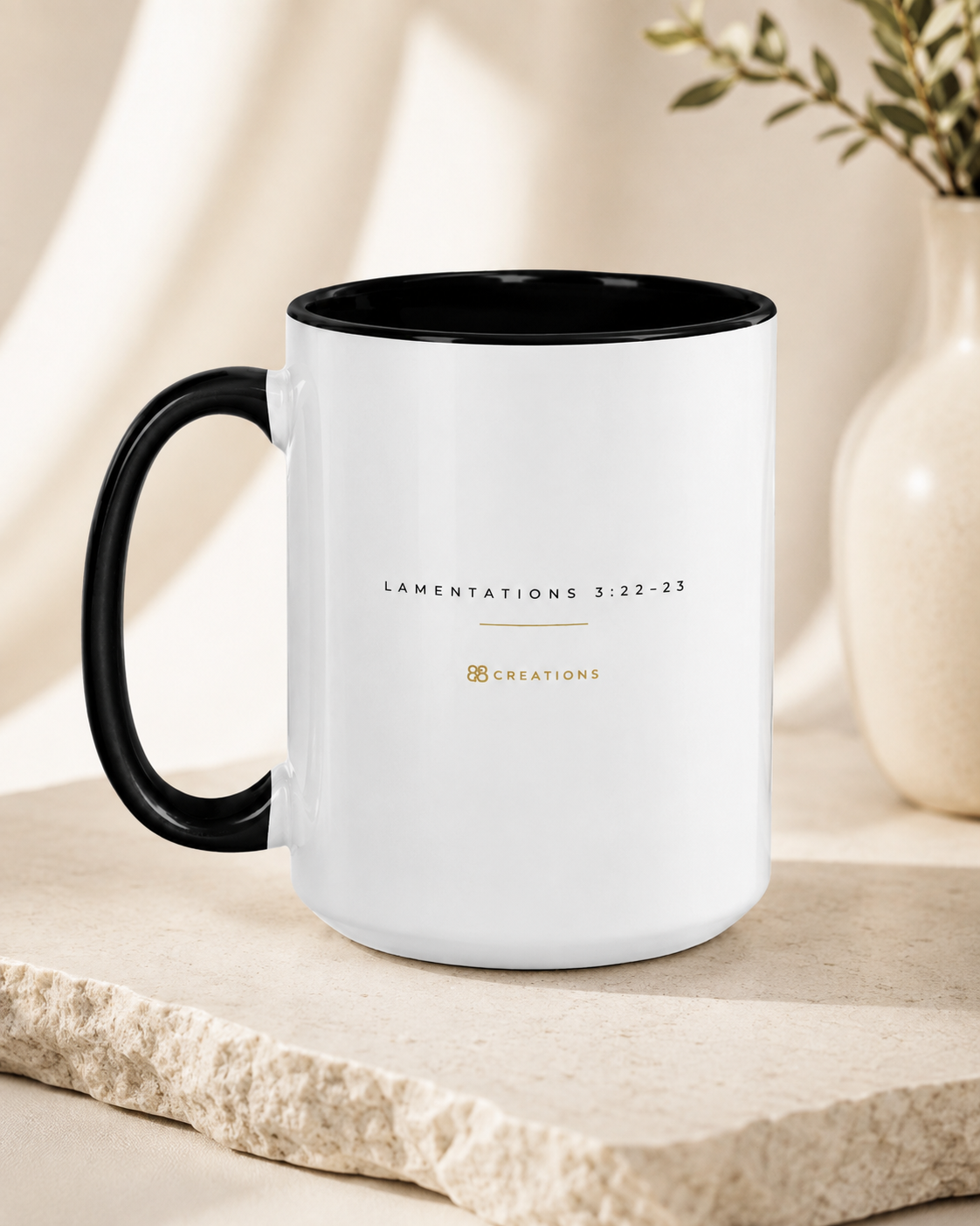 Lamentations 3:22–23 reverse design with 828 Creations maker’s mark on Christian mug