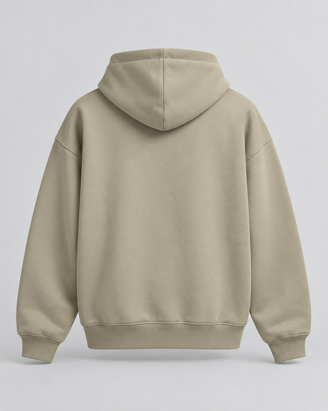 Stone structured heavyweight hoodie back, with a double-layer hood and no back or sleeve artwork.