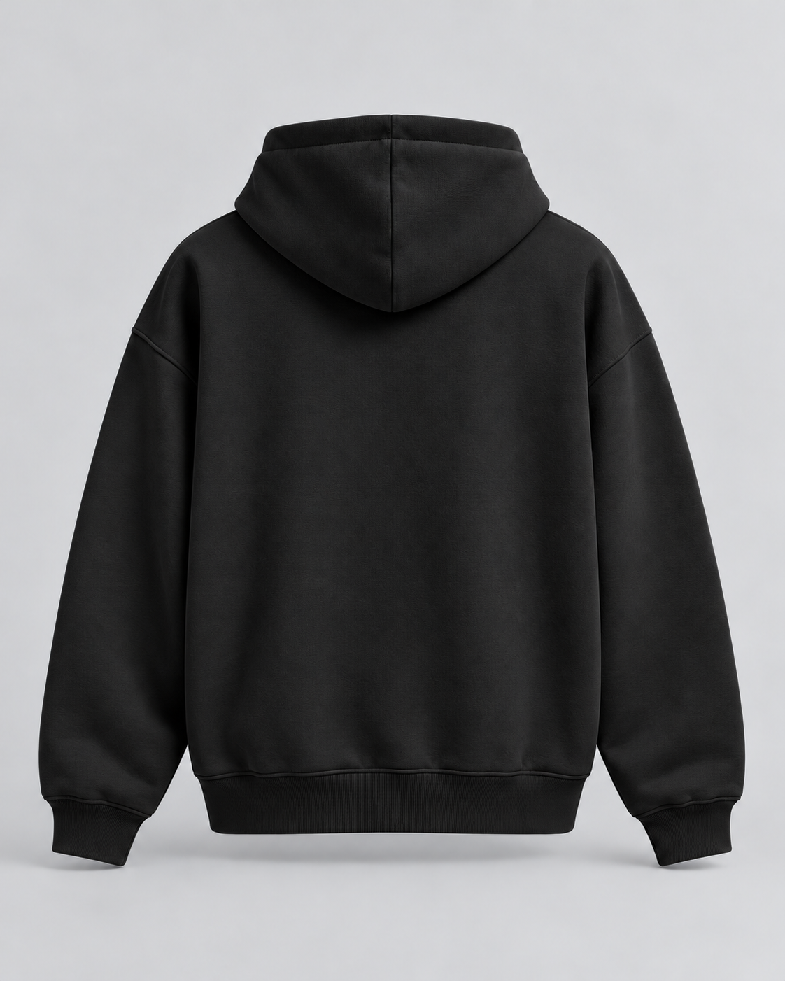 Black structured heavyweight hoodie back, with a double-layer hood and no back or sleeve artwork.