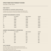 828 Creations Structured Heavyweight Hoodie size guide for Stone and Black, XS–3XL garment measurements in inches and centimeters. EU size labels; U.S. customers order one size up. No pockets or drawstrings.