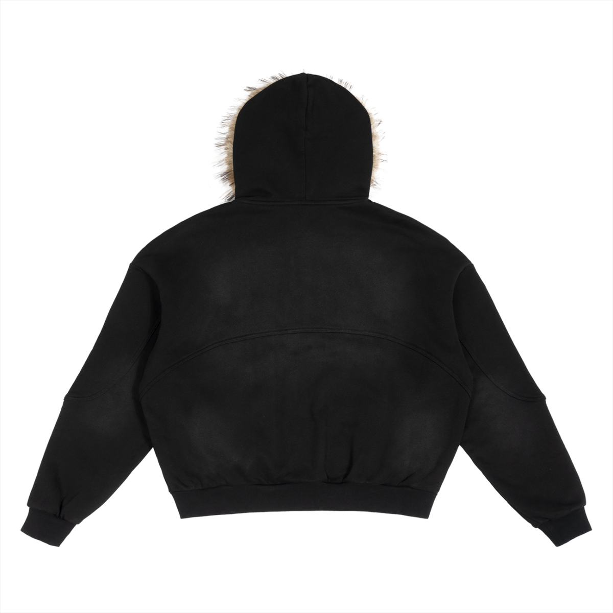 Back view of SET APART sun-faded black boxy hoodie, showing the completely blank back and hood