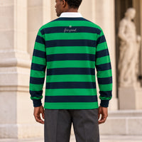 Green and navy rugby polo back on a male model, showing the discreet ivory 828 and for good. branding
