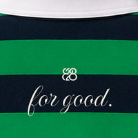 Close-up of the authentic ivory interlocking 828 above for good. on the rugby polo back
