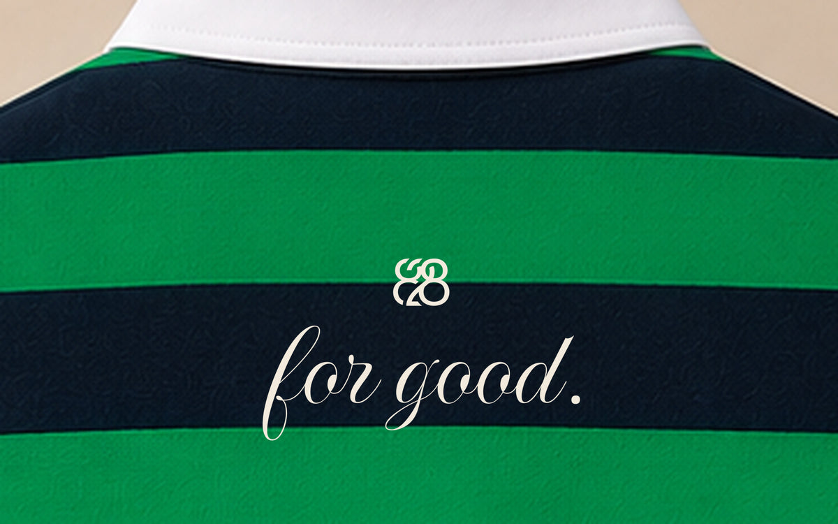Close-up of the authentic ivory interlocking 828 above for good. on the rugby polo back