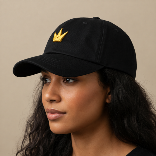 A woman wearing a black baseball cap with a gold crown logo 3D puff embroidered on the front, shown in a close-up profile shot against a solid beige background.