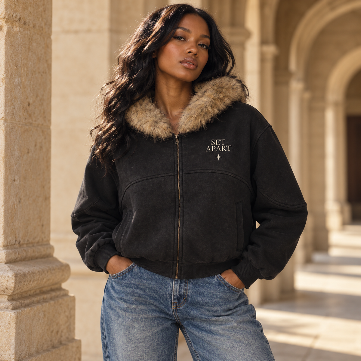 Editorial rendering of a Black woman wearing the SET APART sun-faded black boxy fur hoodie, with matte bone left-chest print, in a warm stone arcade