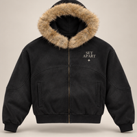 Studio rendering of SET APART sun-faded black boxy zip hoodie with tan faux-fur hood trim and restrained bone left-chest print