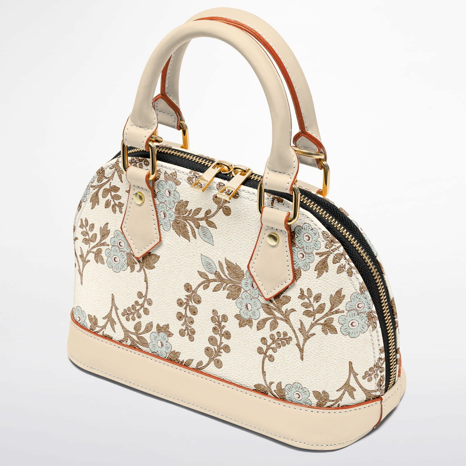 The Grace Satchel elegant dome handbag in dusty blue floral vintage print with warm ivory trim and gold-tone hardware