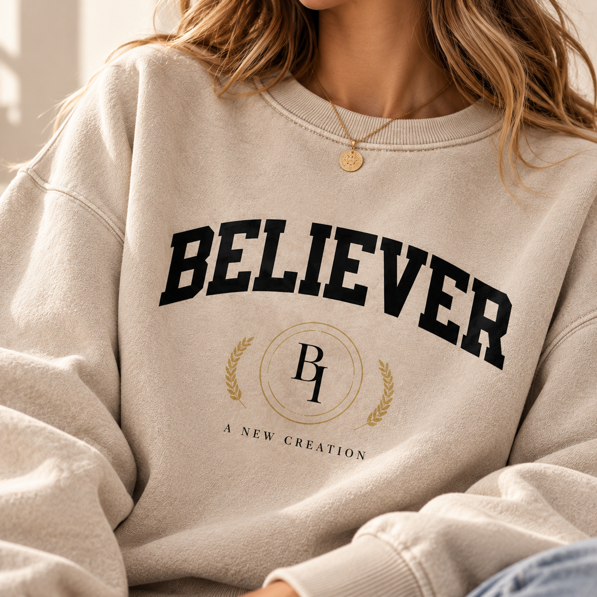 Close-up of the BELIEVER graphic, BI emblem and A NEW CREATION detail on the Light Apricot sweatshirt