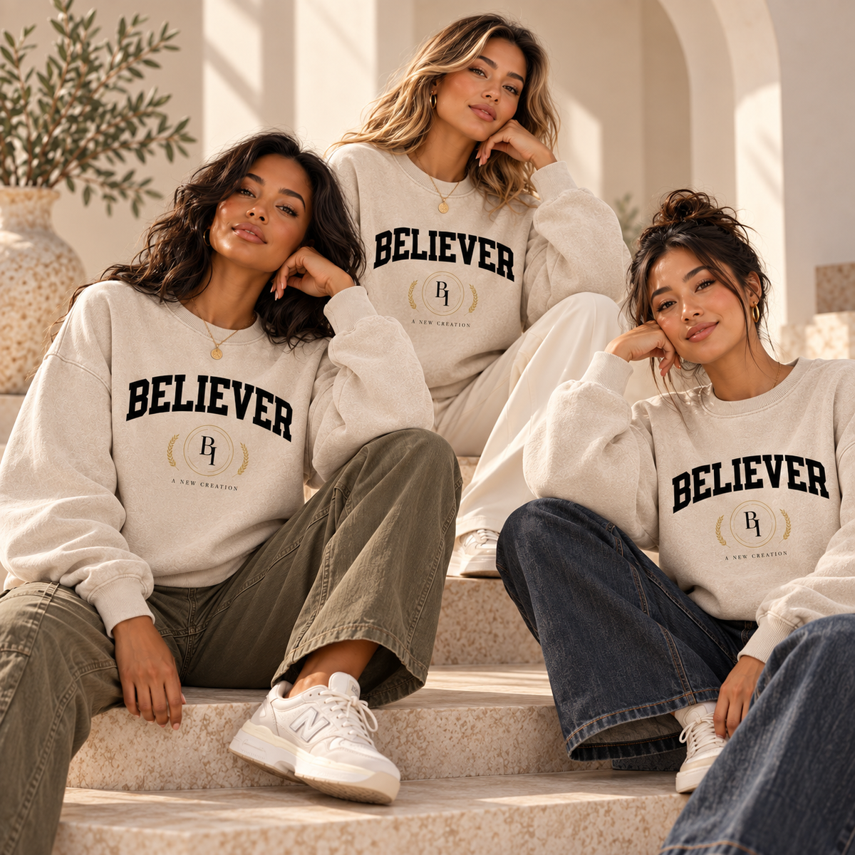 Three women styling the BELIEVER IDENTITY Snow Washed Oversized Sweatshirt in coordinated casual looks