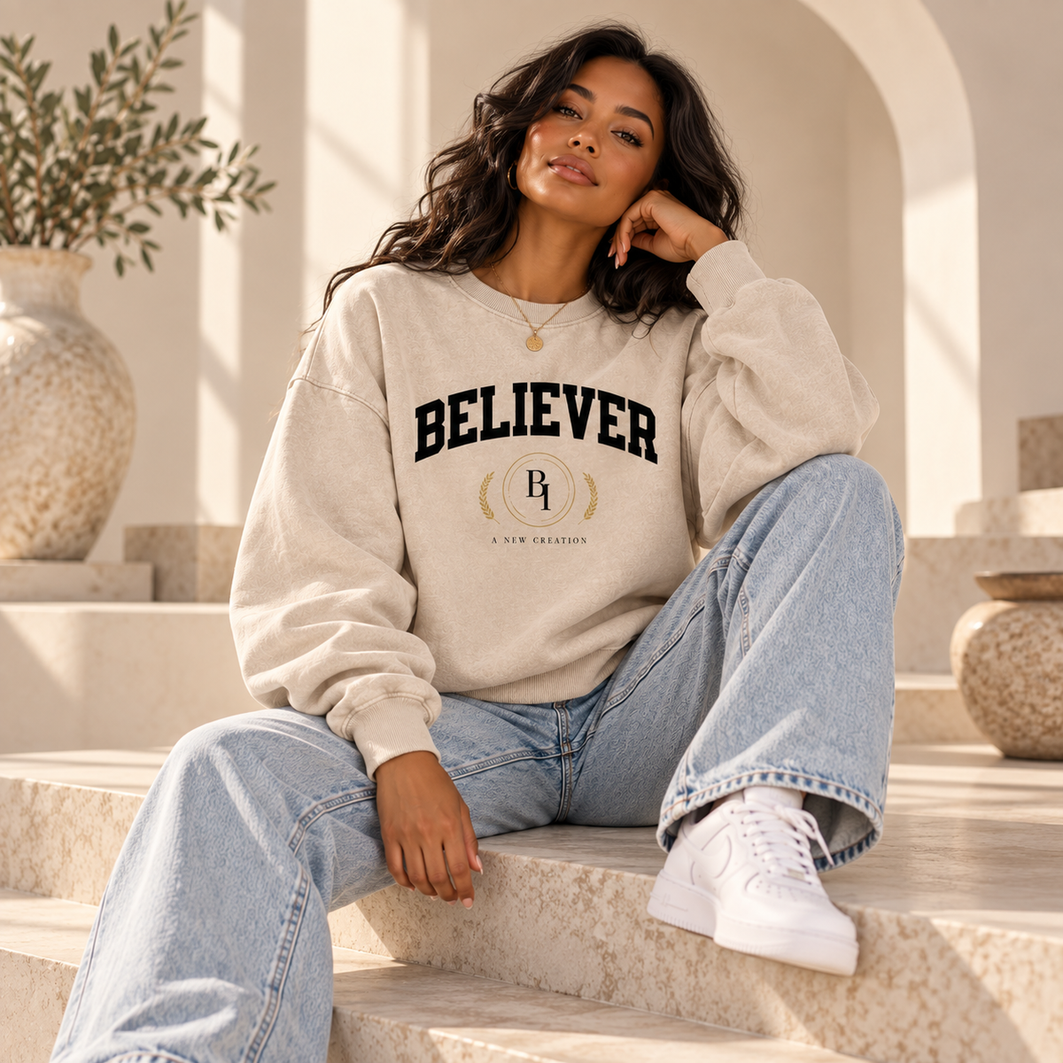 Woman styling the BELIEVER IDENTITY Snow Washed Oversized Sweatshirt in Light Apricot by 828 Creations