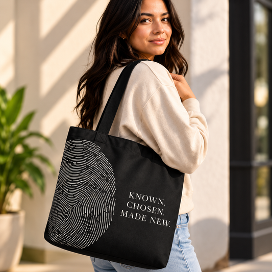 Woman carrying the black Believer Identity large tote with oversized fingerprint artwork and Known. Chosen. Made New. design