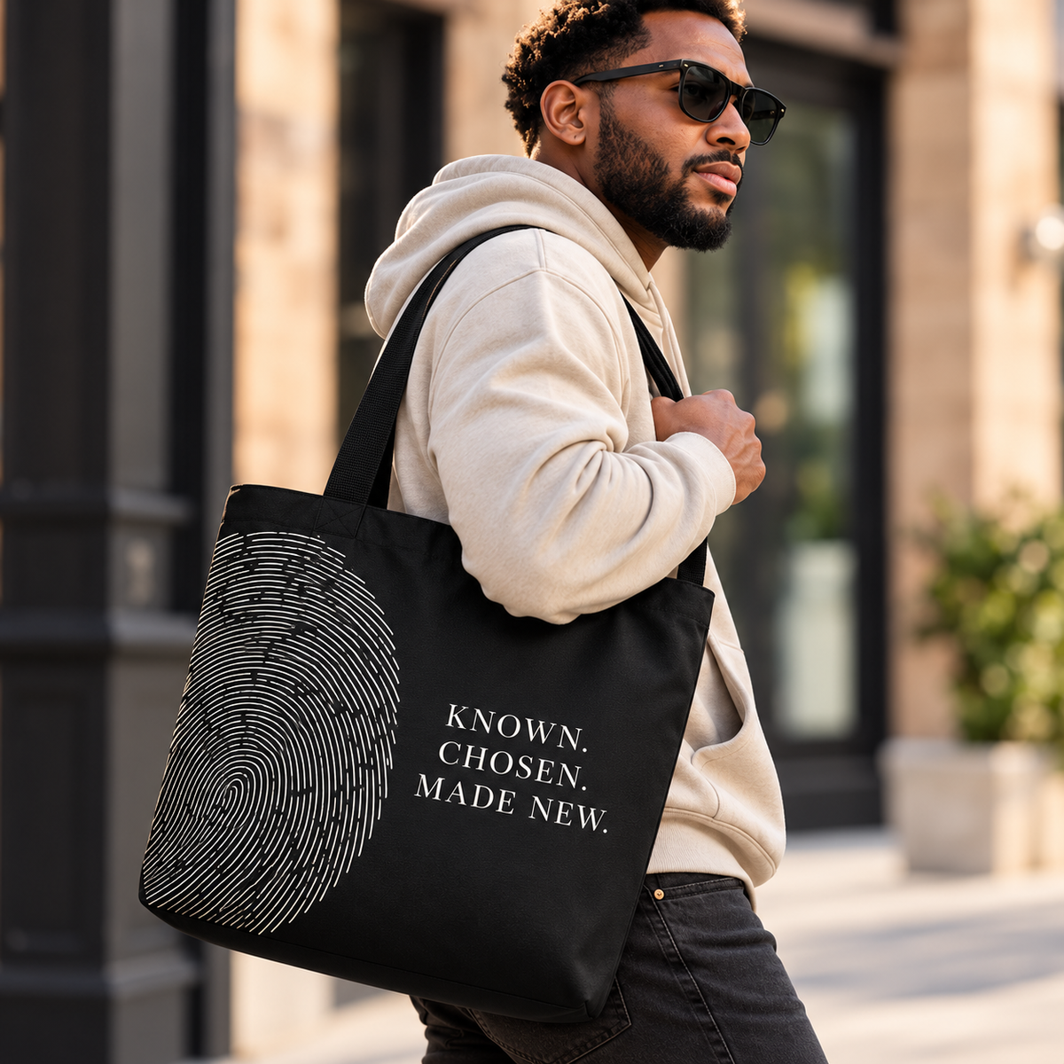 Man styling the black Believer Identity large tote with fingerprint artwork and black shoulder handles