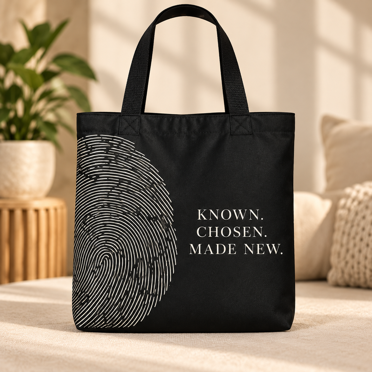 Black Believer Identity large tote with black handles, oversized fingerprint artwork and Known. Chosen. Made New. message