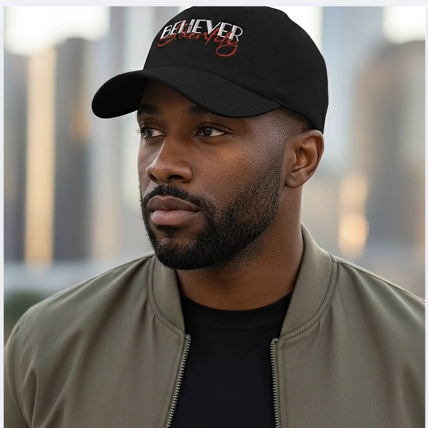 Man wearing black Believer Identity dad hat in minimal outdoor setting