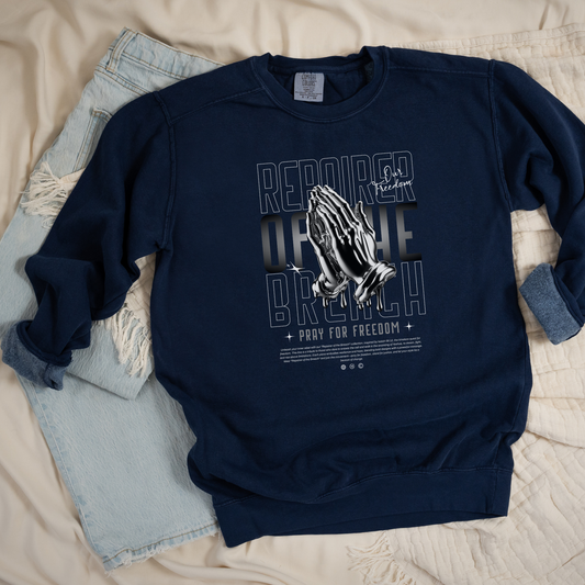 repairer of the breach design, inspired by Isaiah 58:12 bible verse, on a true navy luxurious 100% cotton sweatshirt, unisex