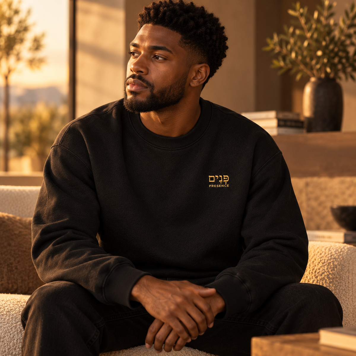 A man wearing a black crewneck sweatshirt with small gold Hebrew embroidery and the word “Presence” on the chest, seated in a warm modern interior.