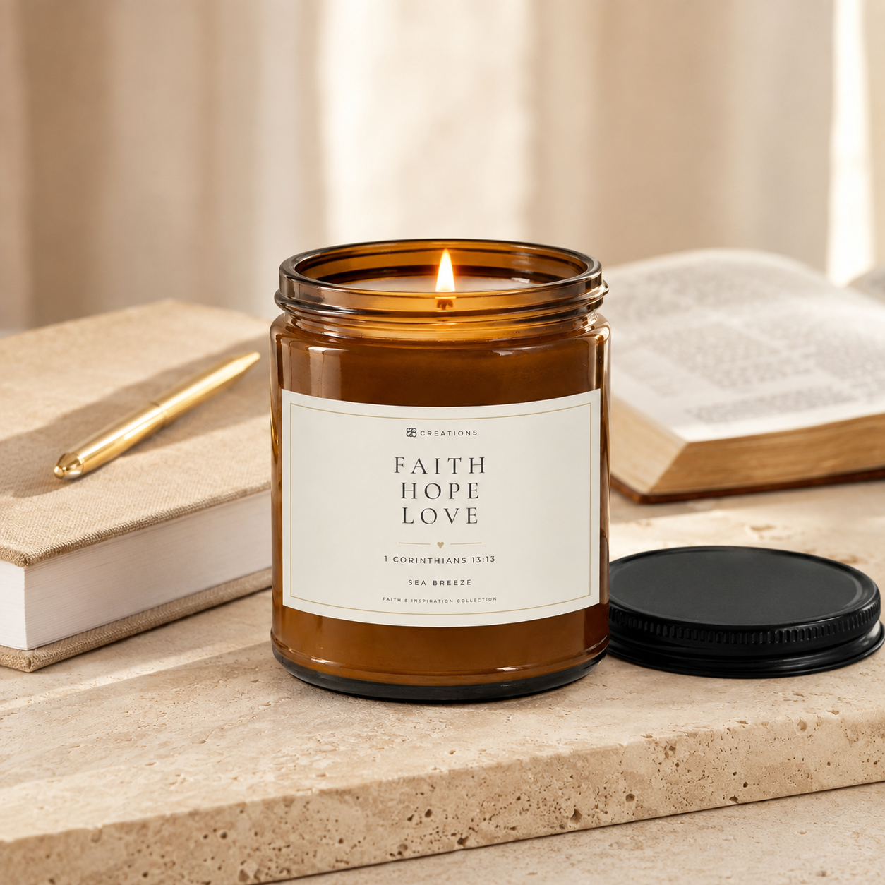 Lit FAITH HOPE LOVE Sea Breeze candle styled with a journal, Bible, and gold pen