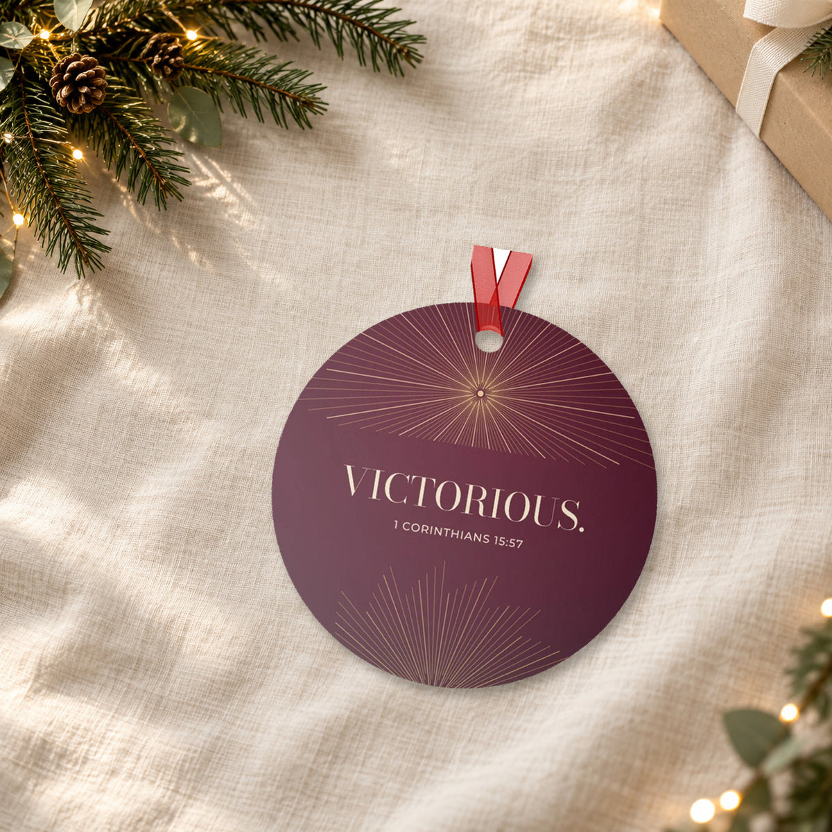 VICTORIOUS. — 1 Corinthians 15:57 Metal Keepsake Ornament