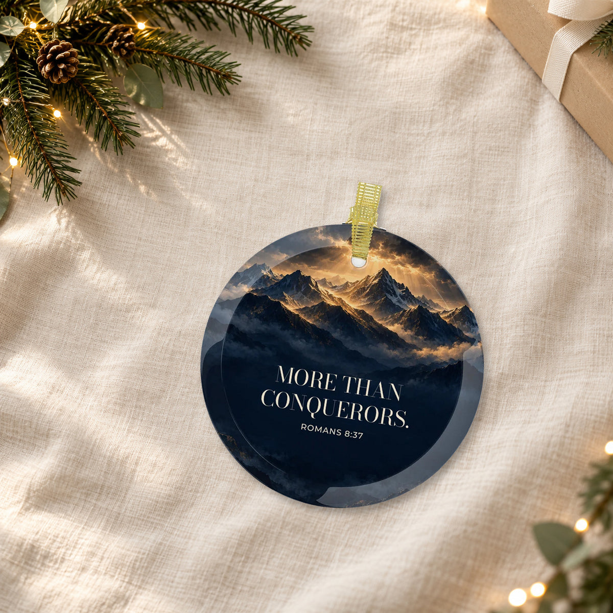 MORE THAN CONQUERORS. — Romans 8:37 Glass Keepsake Ornament