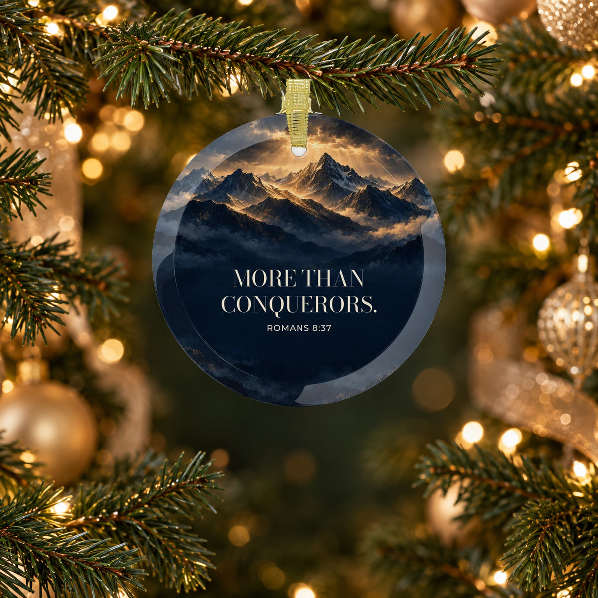 MORE THAN CONQUERORS. — Romans 8:37 Glass Keepsake Ornament