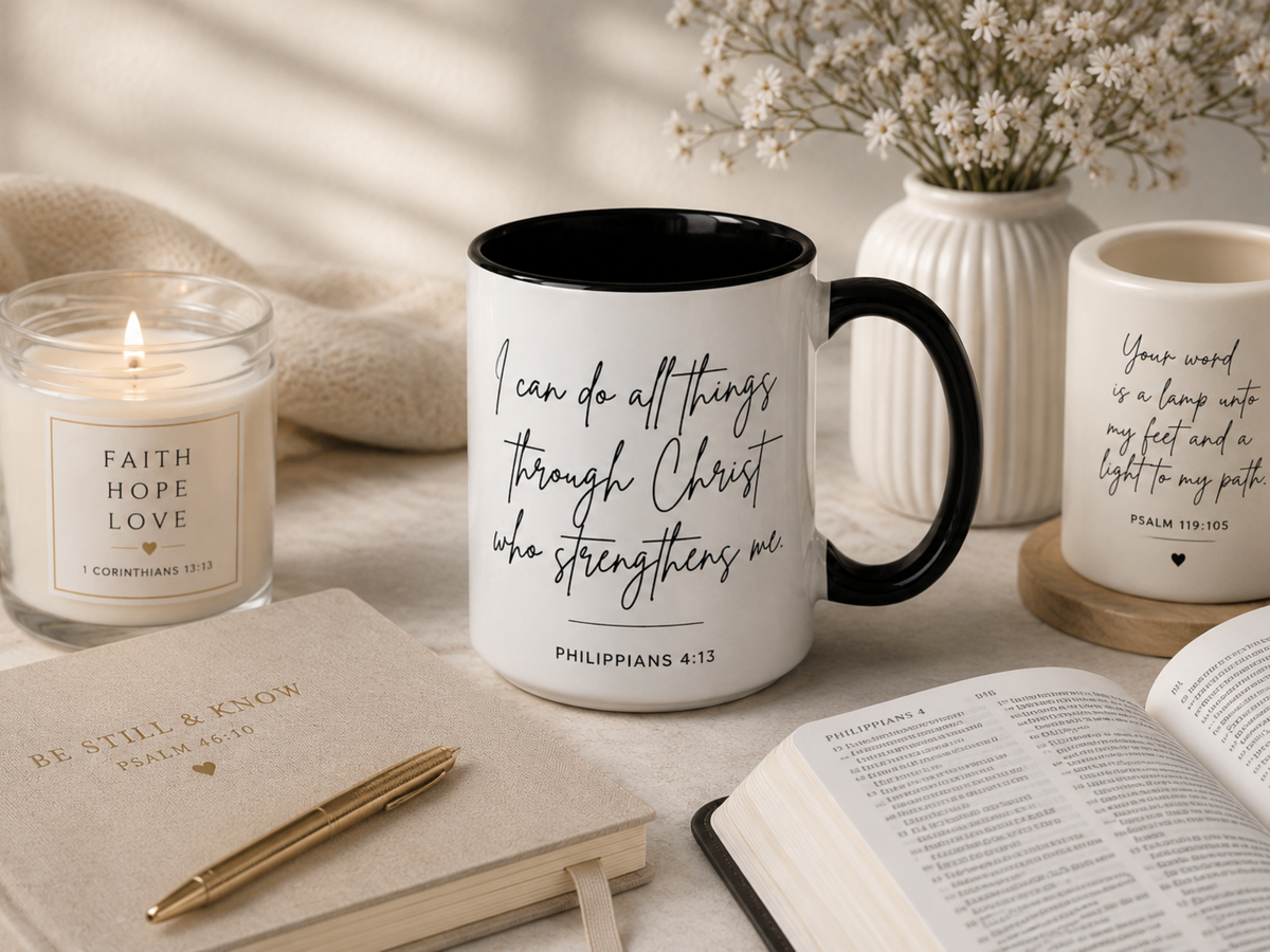 A styled tabletop scene featuring a white ceramic mug with a black handle and black interior printed with the quote 'I can do all things through Christ who strengthens me' from Philippians 4:13. Surrounding props include a candle jar labeled 'FAITH HOPE LOVE,' a notebook with gold text and pen, an open book, and another mug with a scripture quote, all arranged on a light surface with soft natural shadows.