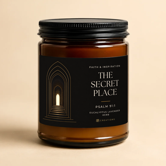 THE SECRET PLACE Psalm 91:1 Eucalyptus Lavender Herb candle by 828 Creations, with its approved black-and-gold label, amber glass jar and black lid.