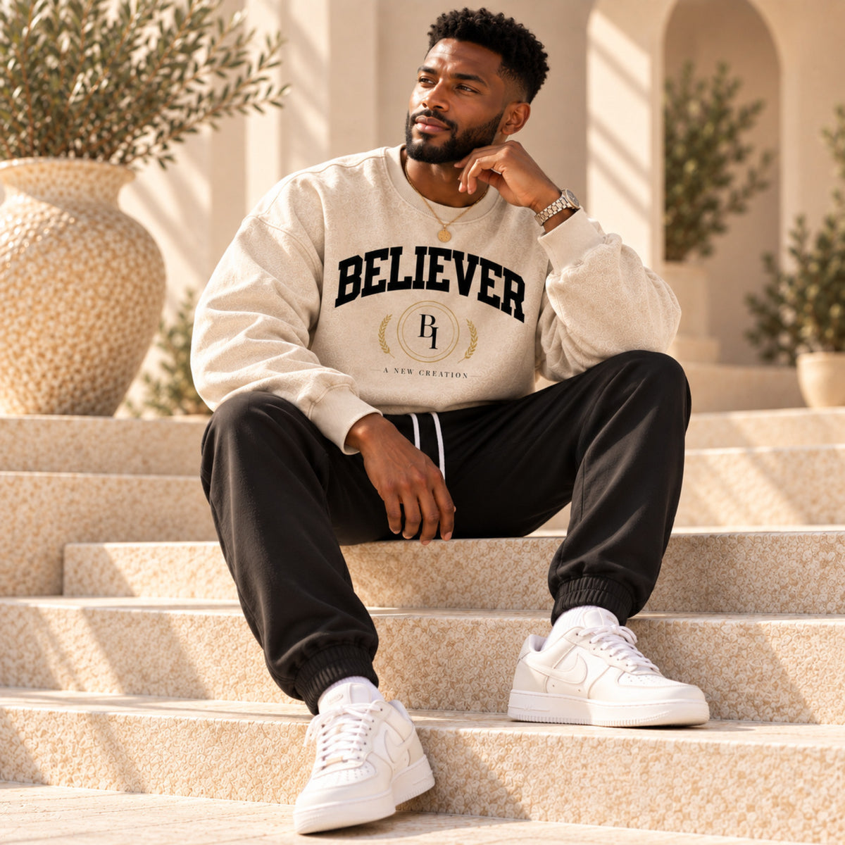 BELIEVER IDENTITY | Essential Sweatpants — Warm Ivory BI Emblem