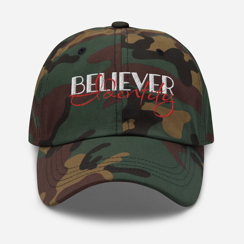 Camo Believer Identity embroidered dad hat with white and red stitching